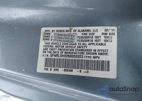 2011 Honda Odyssey Touring/Touring Elite z USA, uszkodzony, nr VIN 5FNRL5H92BB052023